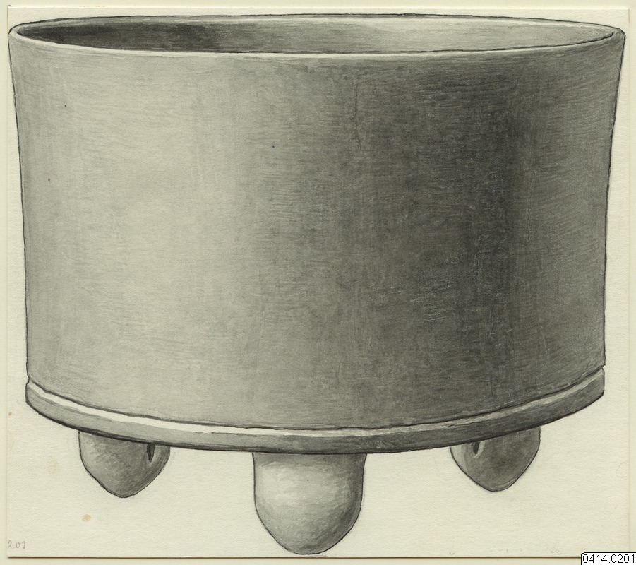 teckning, föremålsbild, tripod, kärl, Teckning, drawing