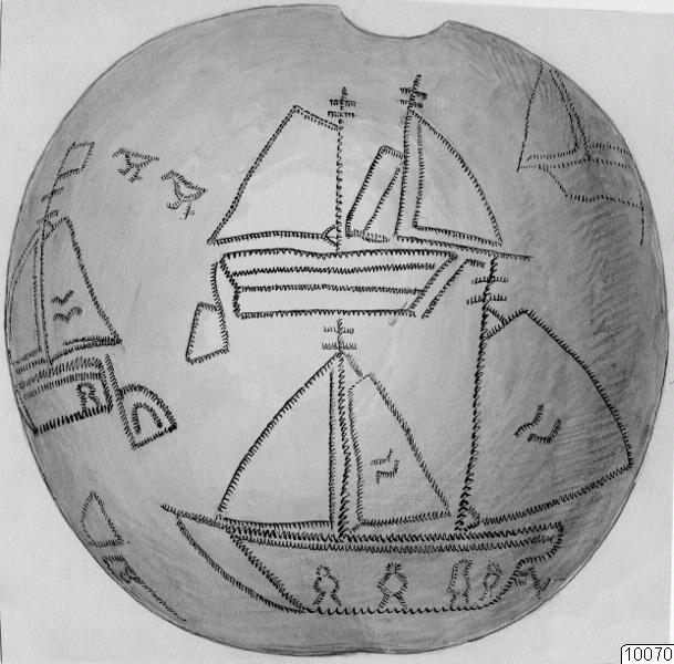 föremålsbild, teckning, segelbåtar, gravering, föermål, kalebass, Teckning, drawing