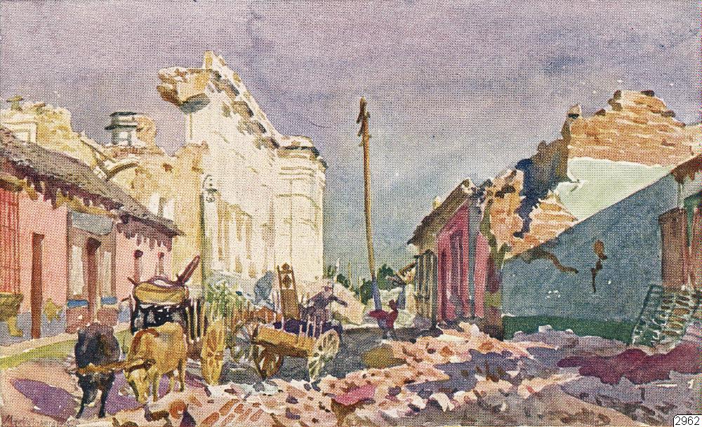 ruin, teckning, målning, by, vagn, oxe, reproduktion, Teckning, drawing