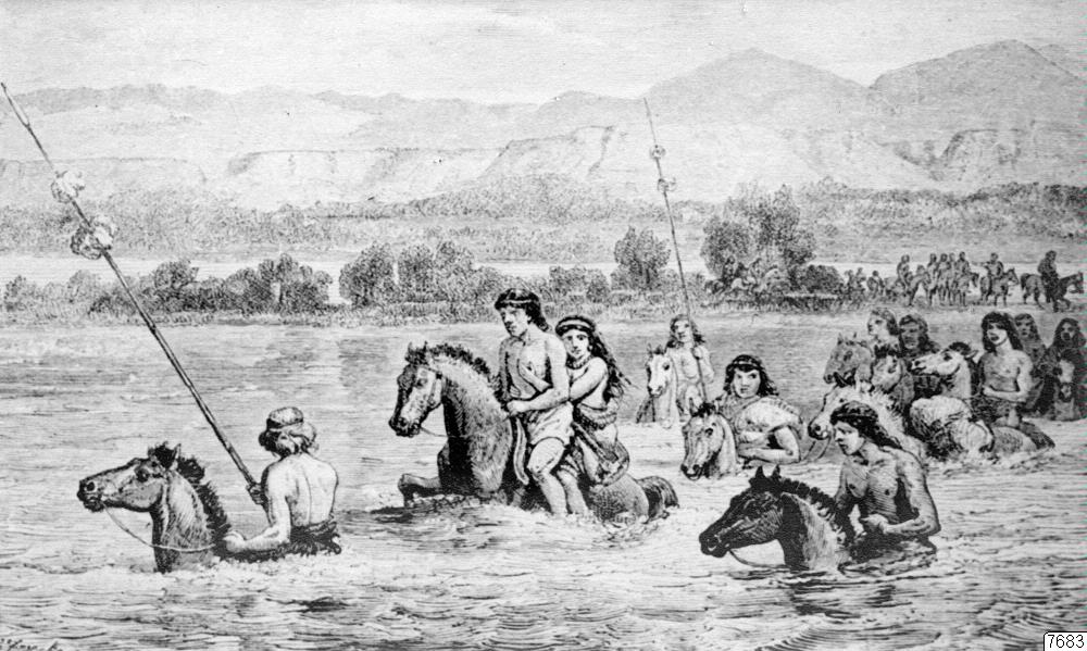 teckning, övergång, flod, häst, indian, Teckning, drawing