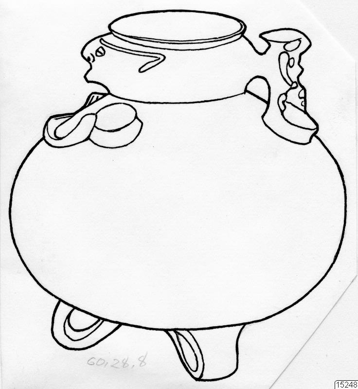 föremålsbild, teckning, figurkärl, lergods, brunrödfärgad, Teckning, drawing